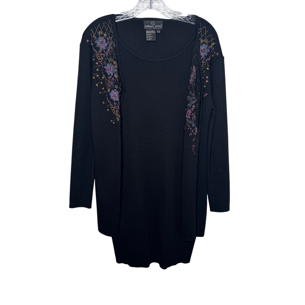 Carole Little Petite Dresses Black Knit‎ Floral Embroidered Long Sleeve Size P/S
